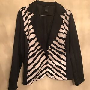 ASHLEY STEWART ZEBRA BLACK & WHITE PRINT BLAZER WITH NEON PINK STRIPE ON BACK